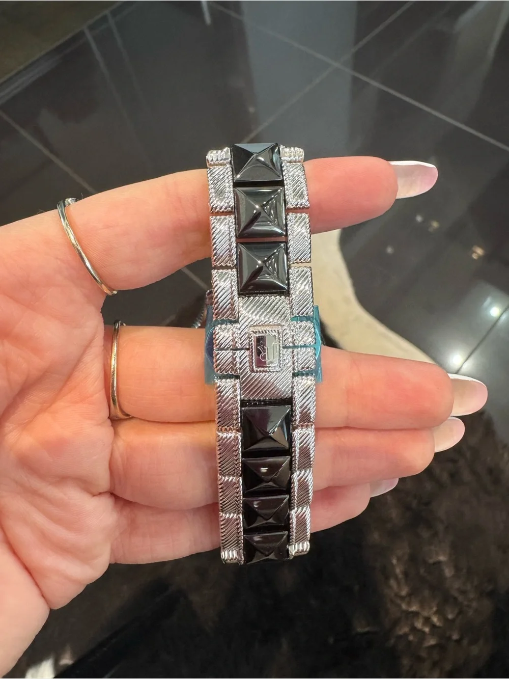 Judith Ripka Silvertone Watch Black Pyramid Stud Stone Bezel Textured Link Band